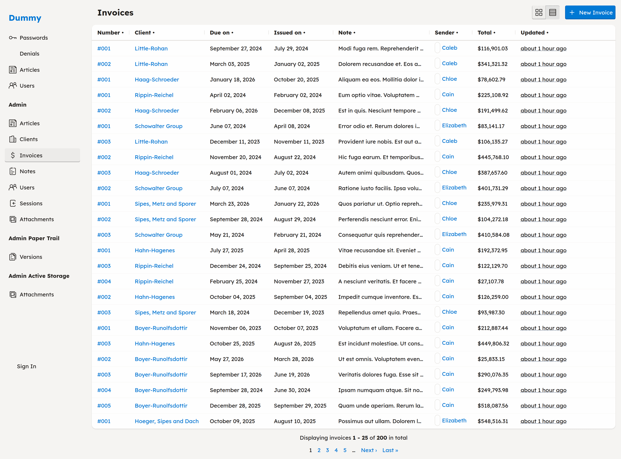 CafeCar's auto-generated admin: an invoices index with sortable columns, currency formatting, association links, sender avatars, and pagination — all rendered straight from the model with no view code.
